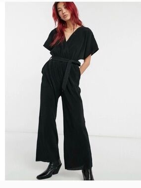 & other stories Ribbed Jersey Jumpsuit Dolman Sleeve Tie Waist Wide Leg Black